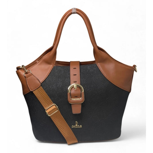 Women's Textured Two Tone Tote Handbag — Black-Tan