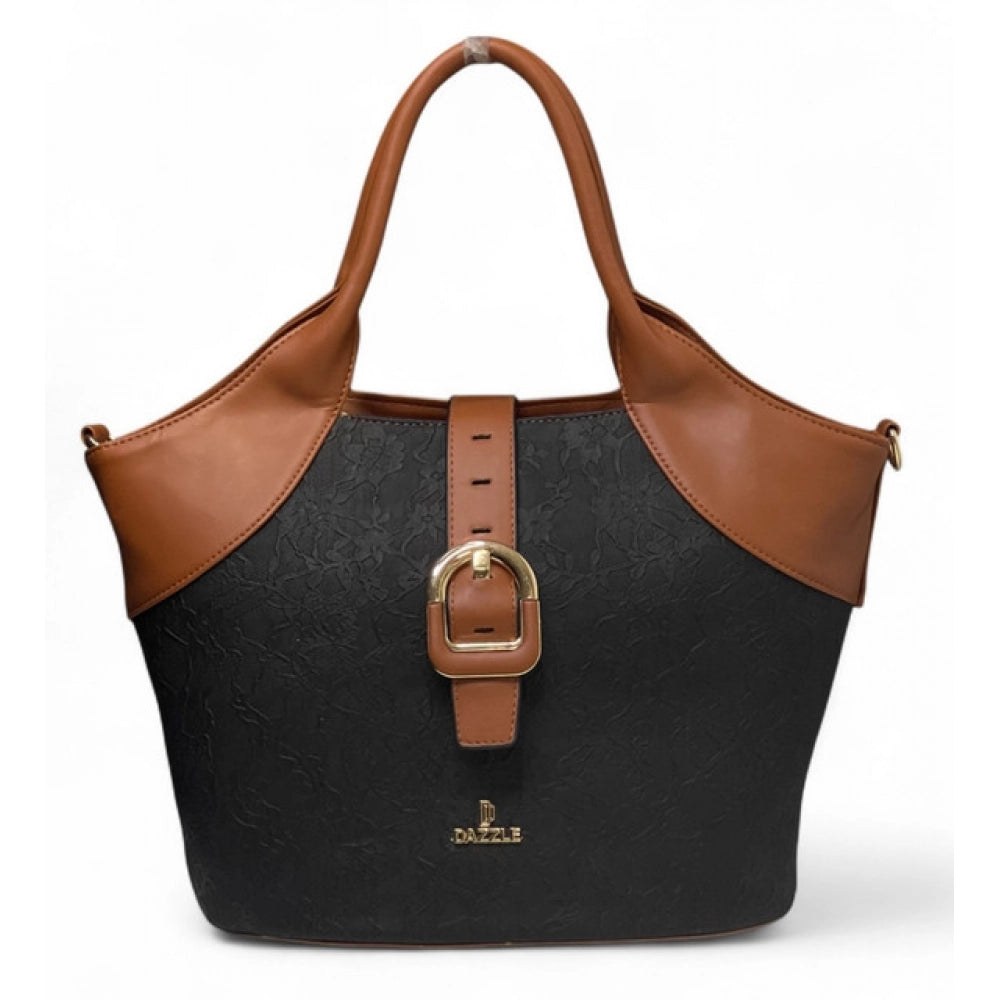 Women's Textured Two Tone Tote Handbag — Black-Tan