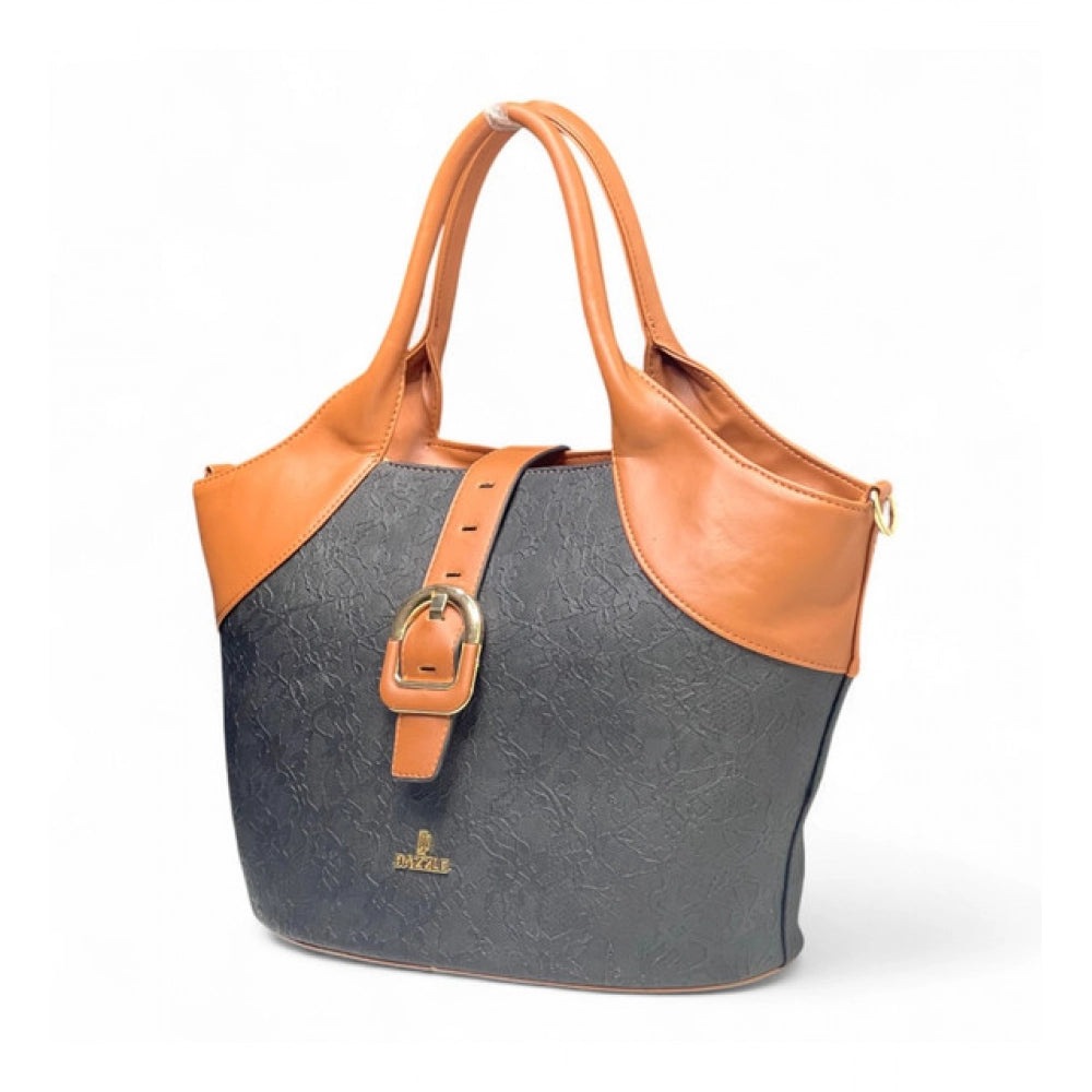 Women's Textured Two Tone Tote Handbag — Black-Tan