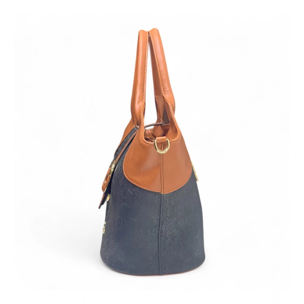 Women's Textured Two Tone Tote Handbag — Black-Tan