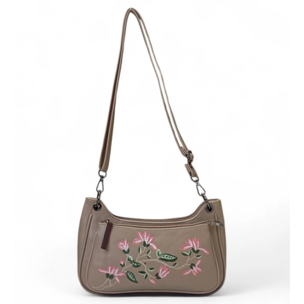Women's Floral Embroidered Crossbody Sling Bag — Beige