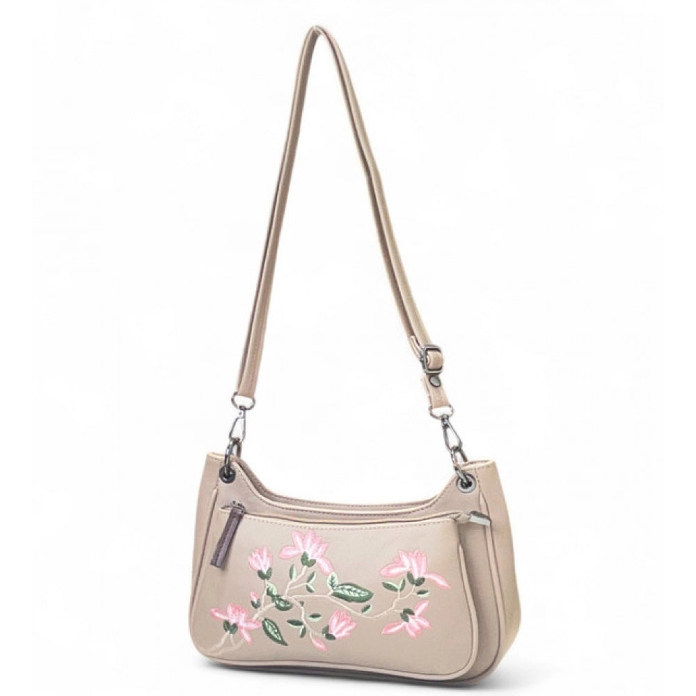 Women's Floral Embroidered Crossbody Sling Bag — Beige