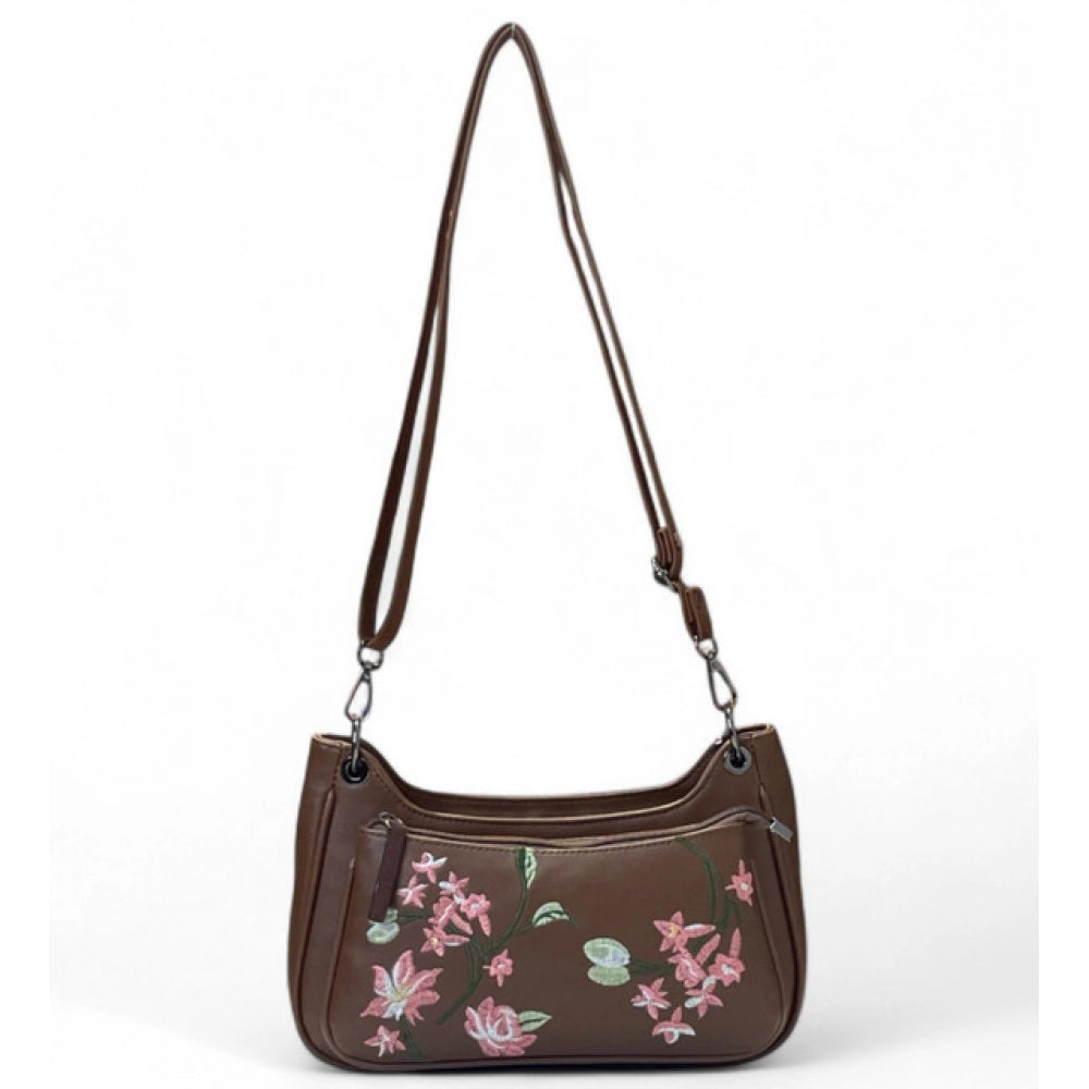 Women's Floral Embroidered Crossbody Sling Bag — Brown · 2822