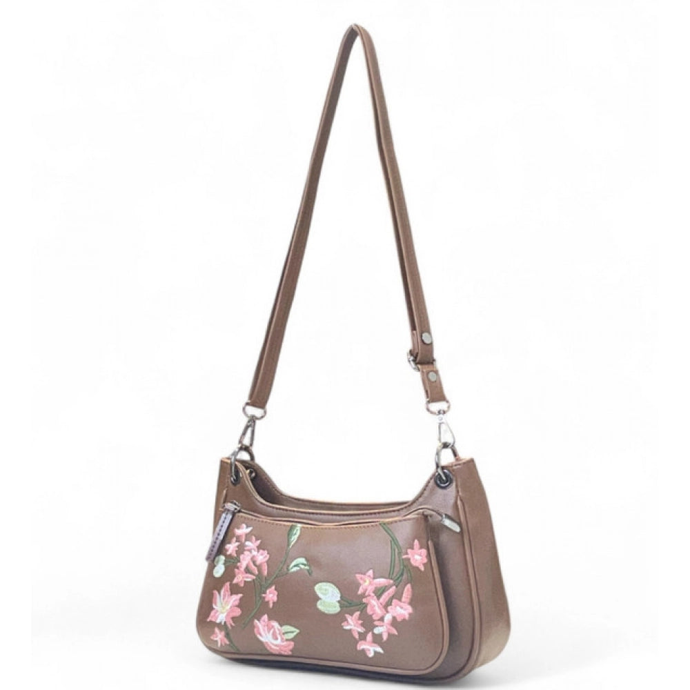 Women's Floral Embroidered Crossbody Sling Bag — Brown · 2822
