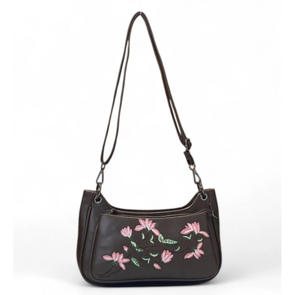 Women's Floral Embroidered Crossbody Sling Bag — Dark Brown · 2823
