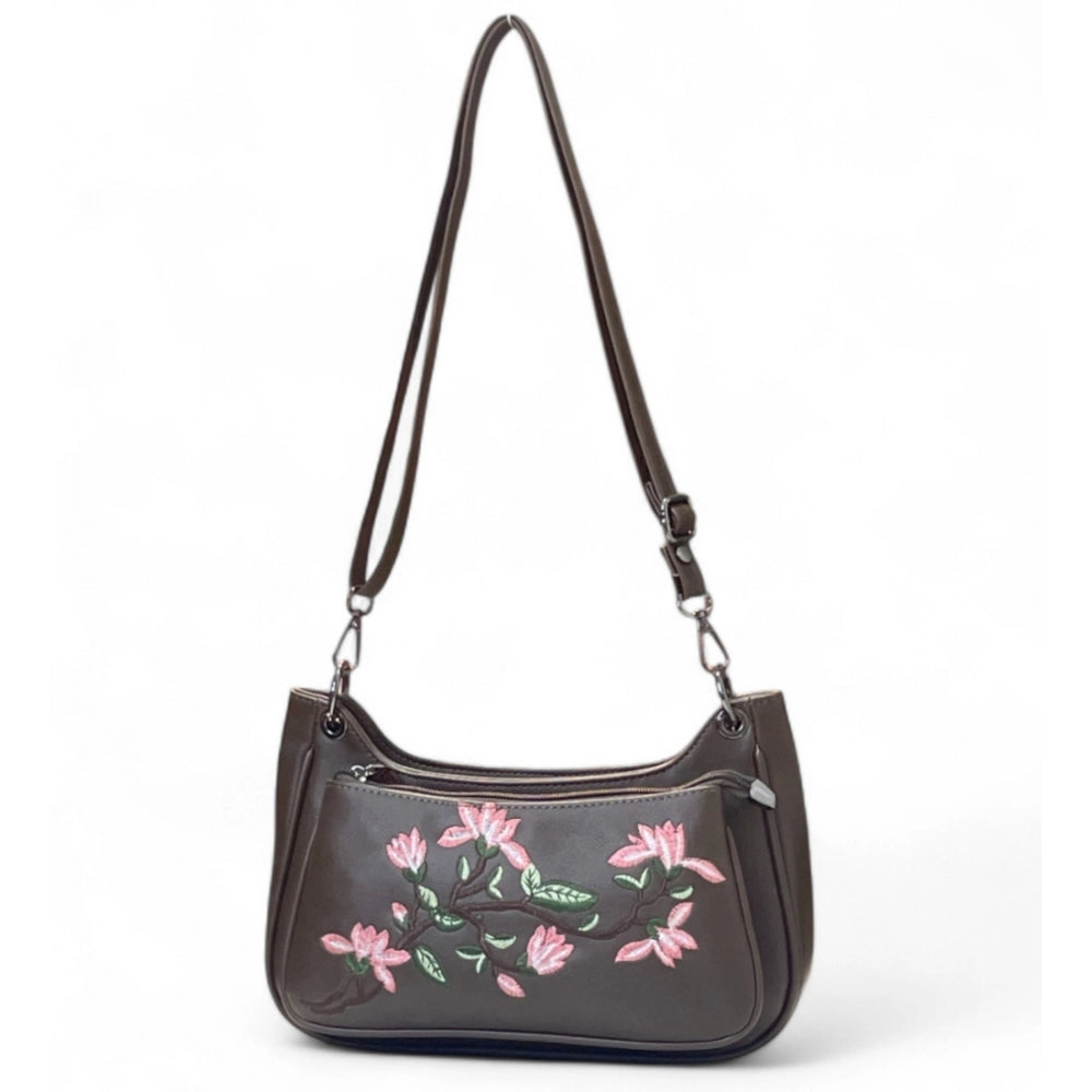 Women's Floral Embroidered Crossbody Sling Bag — Dark Brown · 2823