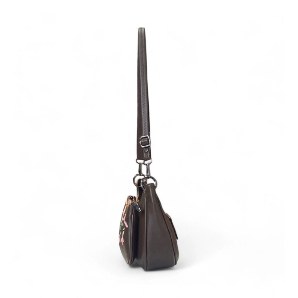 Women's Floral Embroidered Crossbody Sling Bag — Dark Brown · 2823