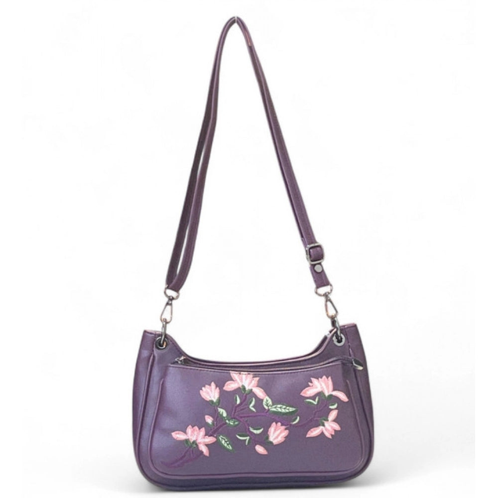 Women's Floral Embroidered Crossbody Sling Bag — Purple