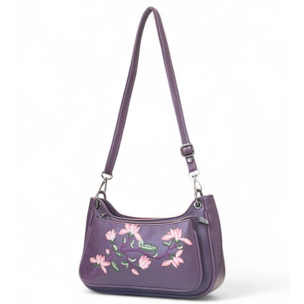 Women's Floral Embroidered Crossbody Sling Bag — Purple
