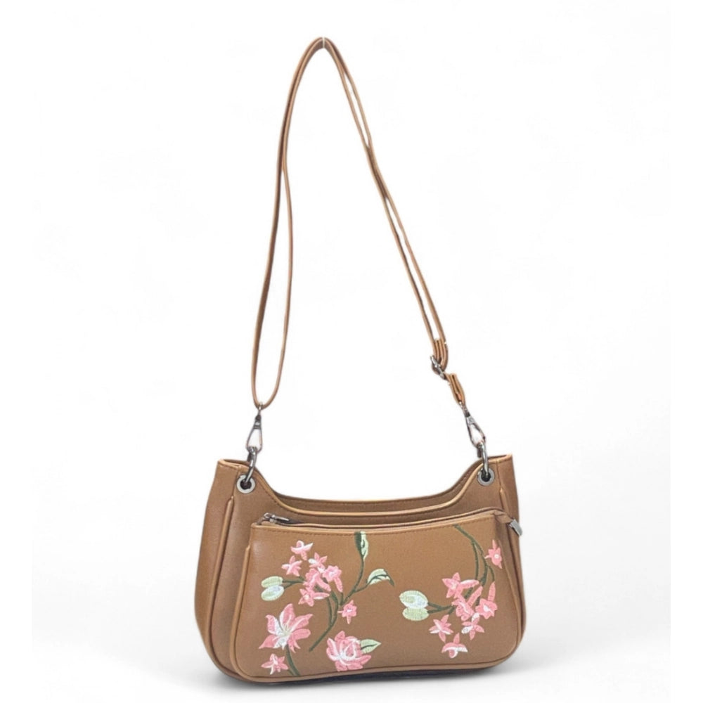 Women's Floral Embroidered Crossbody Sling Bag — Tan · 2827
