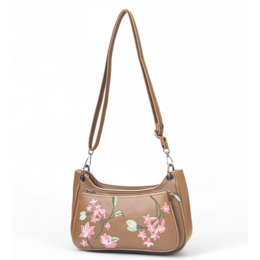 Women's Floral Embroidered Crossbody Sling Bag — Tan · 2827