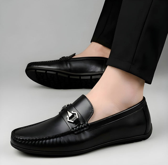 Men's Synthetic Leather Solid Slip-On Casual Loafers — Black