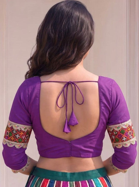 Women's Cotton Blend Embroidered 3/4 Sleeve V-Neck Padded Readymade — Purple