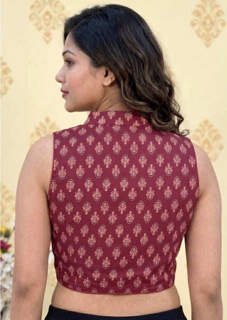 Women's Ajrakh Cotton Ajarkh Sleeveless Collar Neck Padded Readymade — Maroon