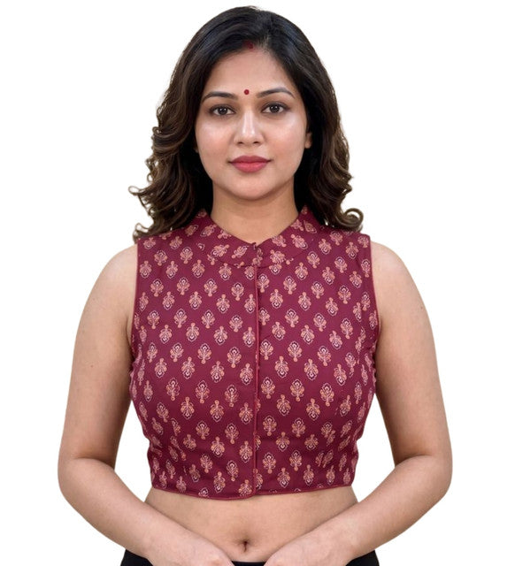 Women's Ajrakh Cotton Ajarkh Sleeveless Collar Neck Padded Readymade — Maroon