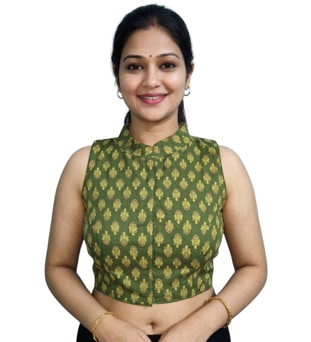 Women's Ajrakh Cotton Ajarkh Sleeveless Collar Neck Padded Readymade — Olive