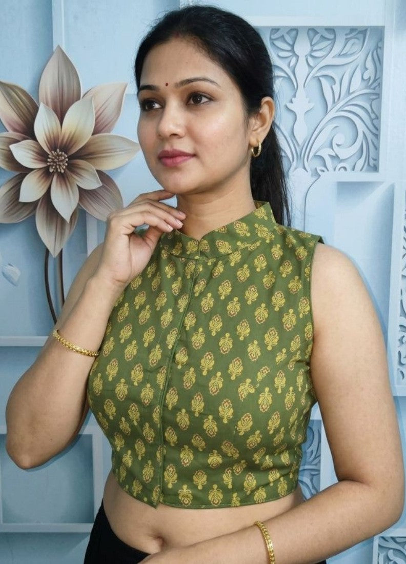Women's Ajrakh Cotton Ajarkh Sleeveless Collar Neck Padded Readymade — Olive