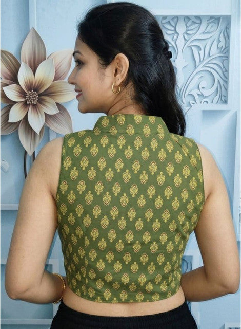 Women's Ajrakh Cotton Ajarkh Sleeveless Collar Neck Padded Readymade — Olive