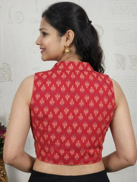 Women's Ajrakh Cotton Ajarkh Sleeveless Collar Neck Padded Readymade — Red