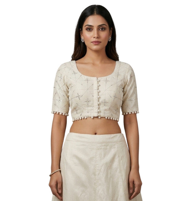 Women's Cotton Printed Half Sleeve Round Neck Padded Readymade — Cream · 67970