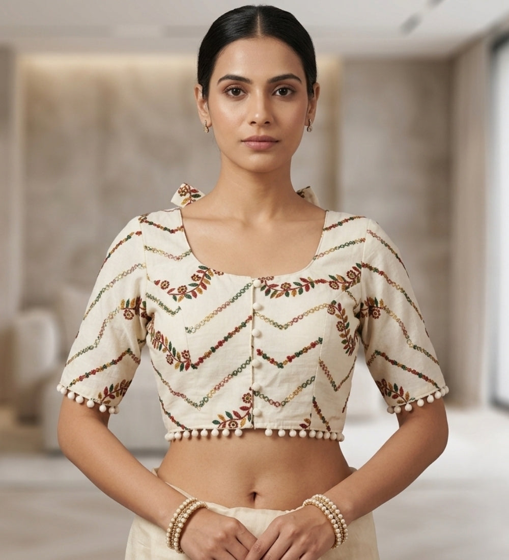 Women's Cotton Printed Half Sleeve Round Neck Padded Readymade — Cream · 67971