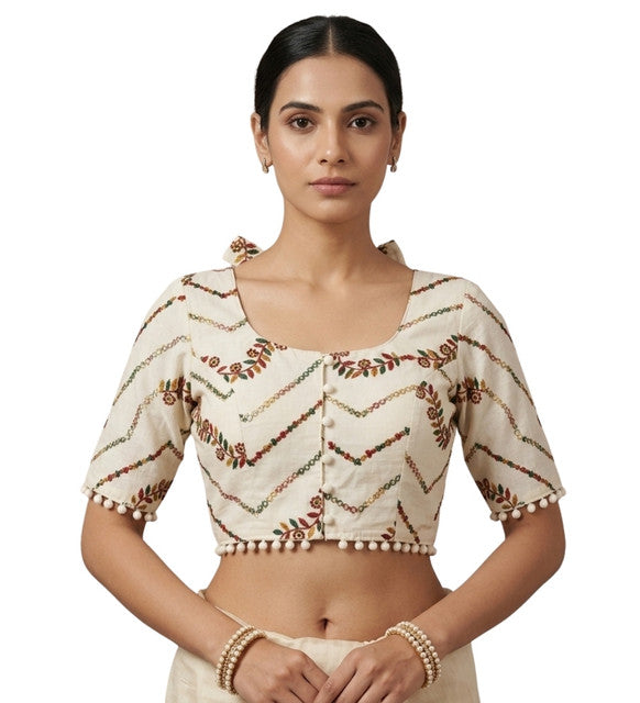 Women's Cotton Printed Half Sleeve Round Neck Padded Readymade — Cream · 67971