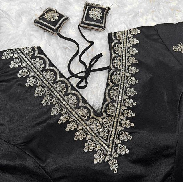 Women's Satin Embroidered Half Sleeve V-Neck Padded Readymade Blouse — Black