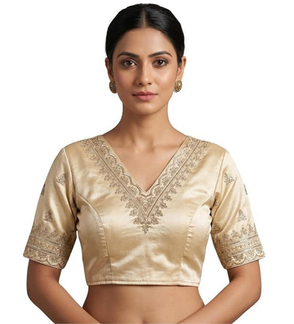 Women's Satin Embroidered Half Sleeve V-Neck Padded Readymade Blouse — Cream