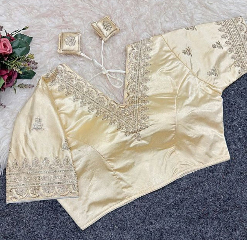 Women's Satin Embroidered Half Sleeve V-Neck Padded Readymade Blouse — Cream