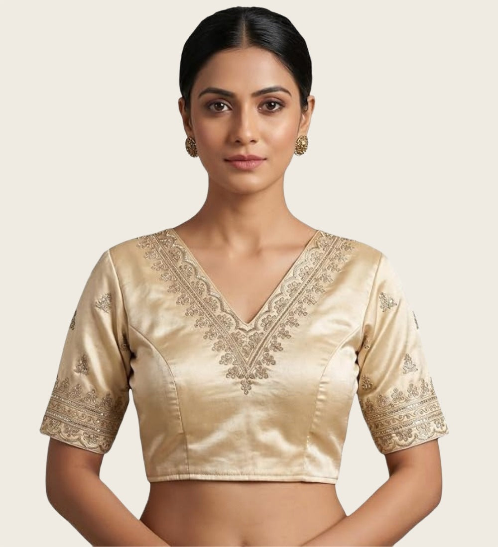 Women's Satin Embroidered Half Sleeve V-Neck Padded Readymade Blouse — Cream
