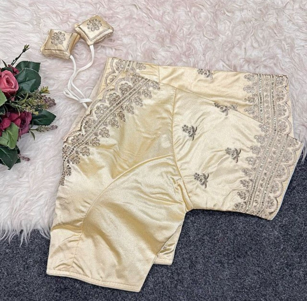 Women's Satin Embroidered Half Sleeve V-Neck Padded Readymade Blouse — Cream