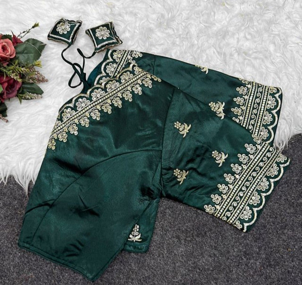 Women's Satin Embroidered Half Sleeve V-Neck Padded Readymade Blouse — Dark Green