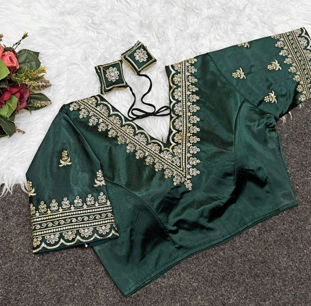 Women's Satin Embroidered Half Sleeve V-Neck Padded Readymade Blouse — Dark Green