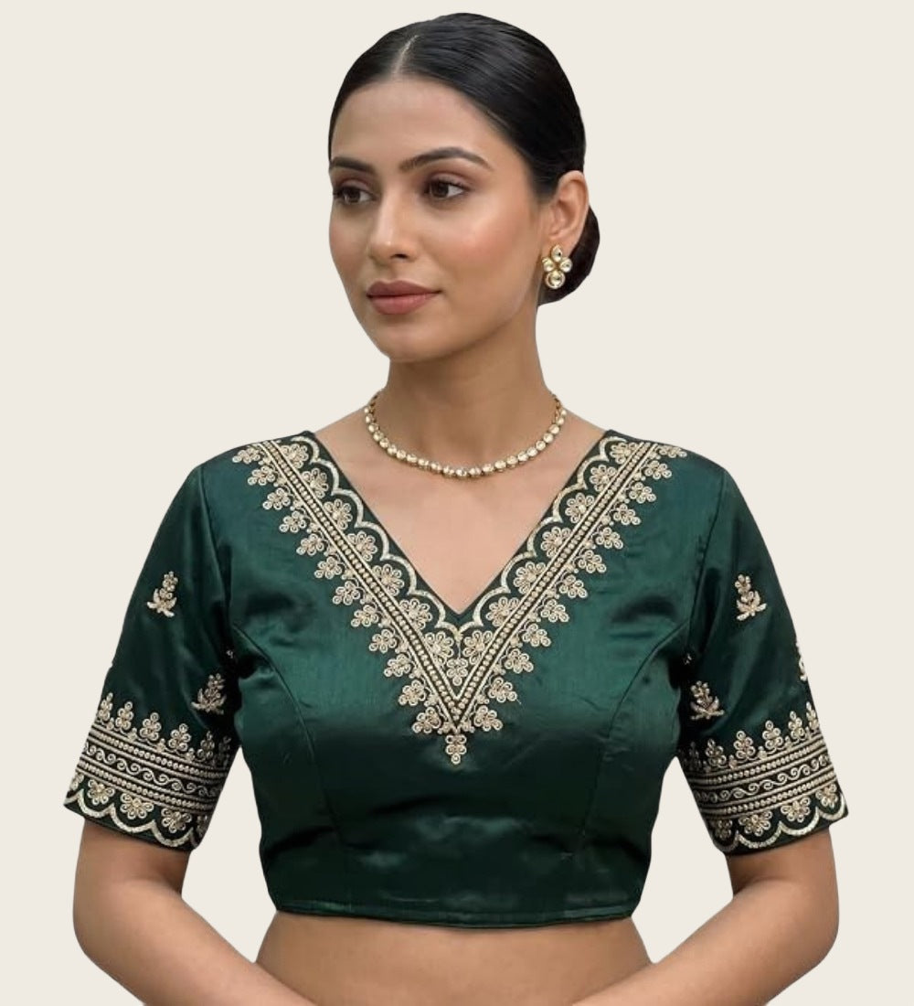 Women's Satin Embroidered Half Sleeve V-Neck Padded Readymade Blouse — Dark Green