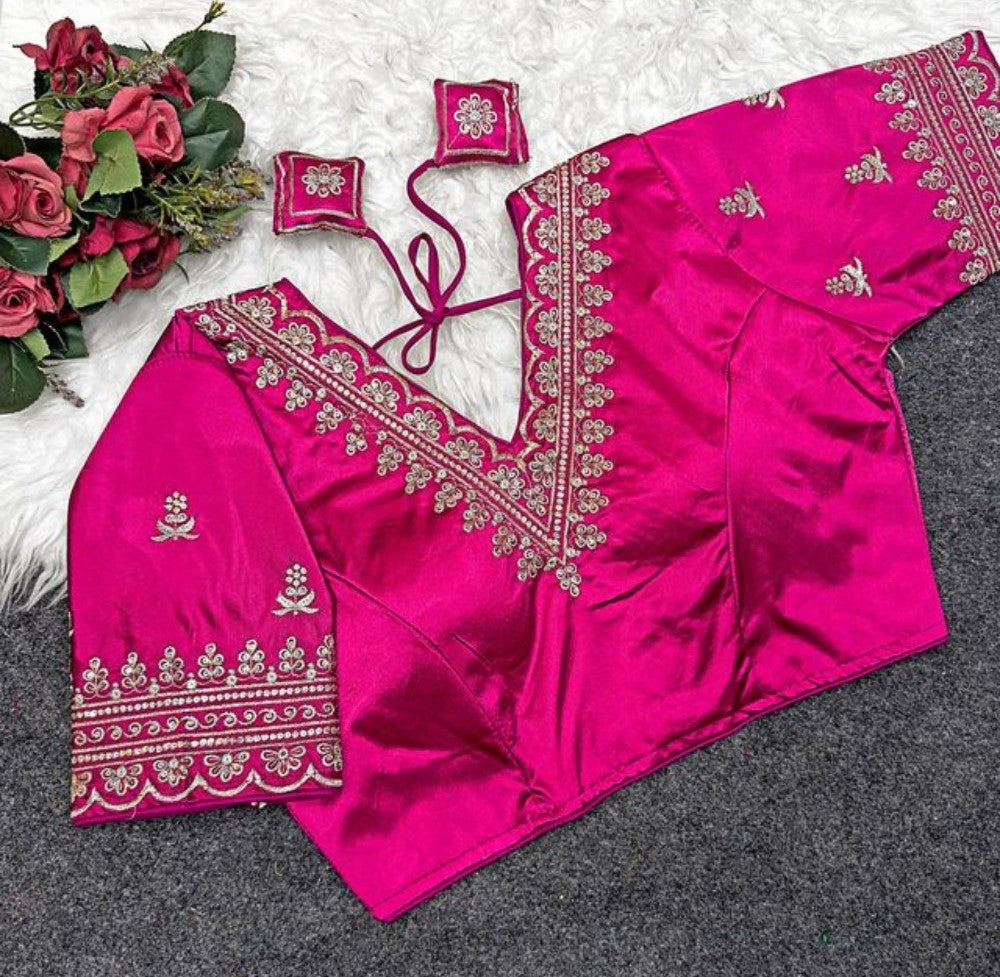 Women's Satin Embroidered Half Sleeve V-Neck Padded Readymade Blouse — Pink