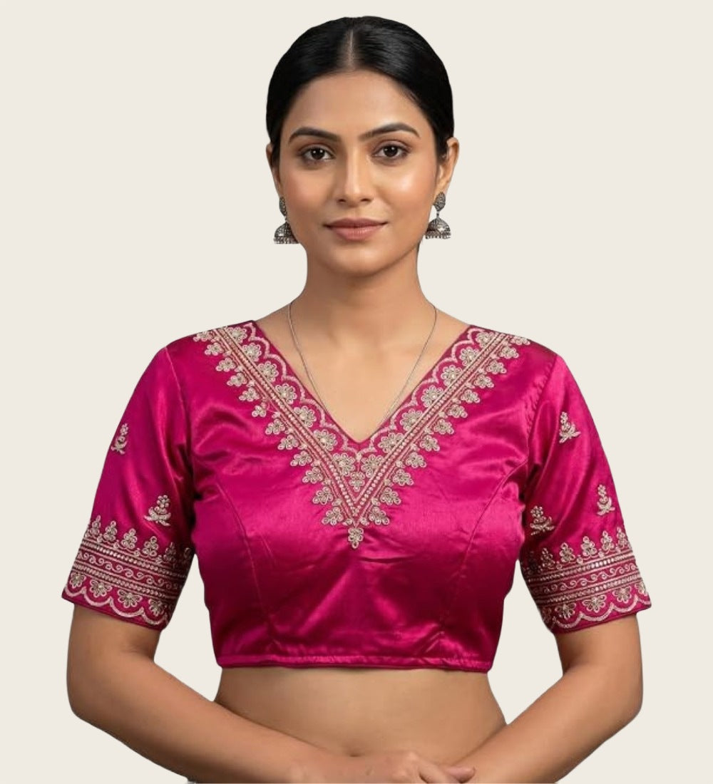 Women's Satin Embroidered Half Sleeve V-Neck Padded Readymade Blouse — Pink
