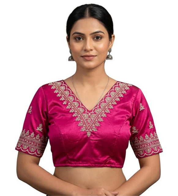 Women's Satin Embroidered Half Sleeve V-Neck Padded Readymade Blouse — Pink