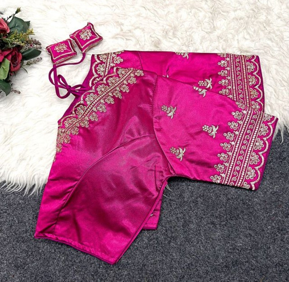 Women's Satin Embroidered Half Sleeve V-Neck Padded Readymade Blouse — Pink