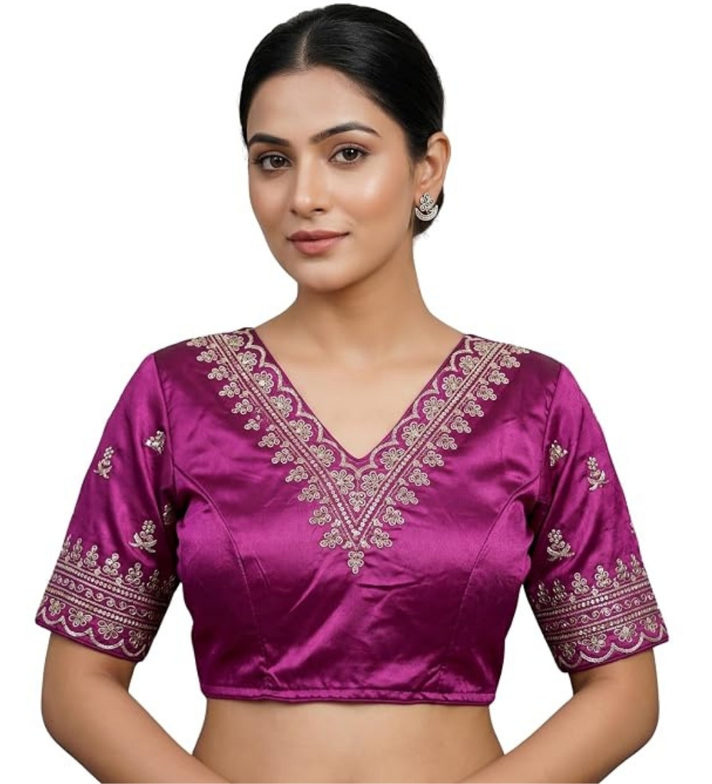 Women's Satin Embroidered Half Sleeve V-Neck Padded Readymade Blouse — Purple