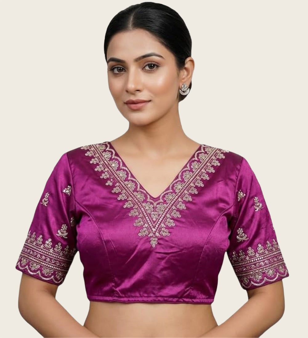 Women's Satin Embroidered Half Sleeve V-Neck Padded Readymade Blouse — Purple