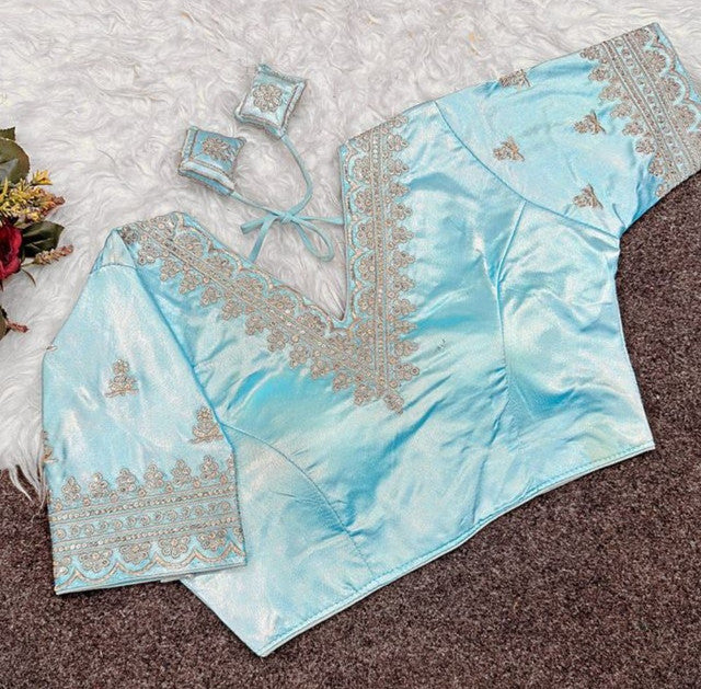 Women's Satin Embroidered Half Sleeve V-Neck Padded Readymade Blouse — Sky Blue