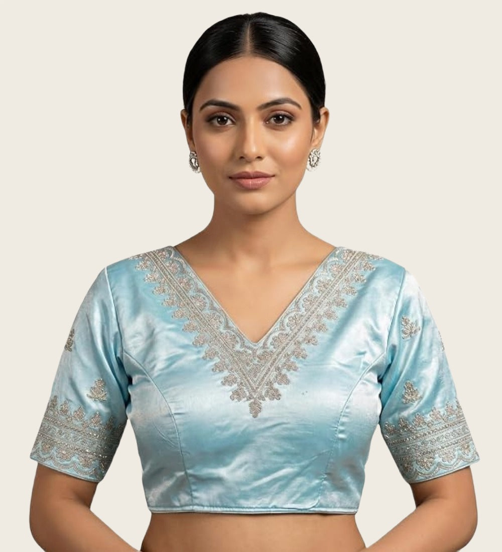 Women's Satin Embroidered Half Sleeve V-Neck Padded Readymade Blouse — Sky Blue
