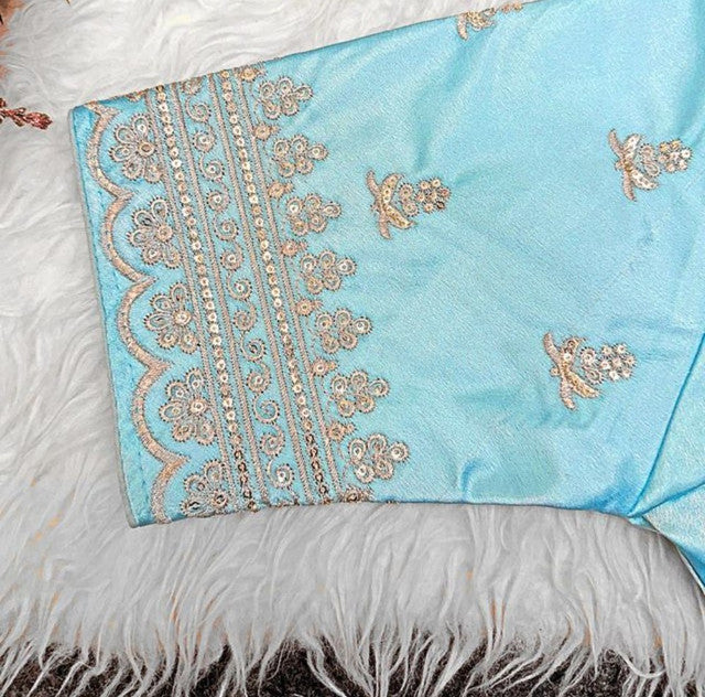 Women's Satin Embroidered Half Sleeve V-Neck Padded Readymade Blouse — Sky Blue