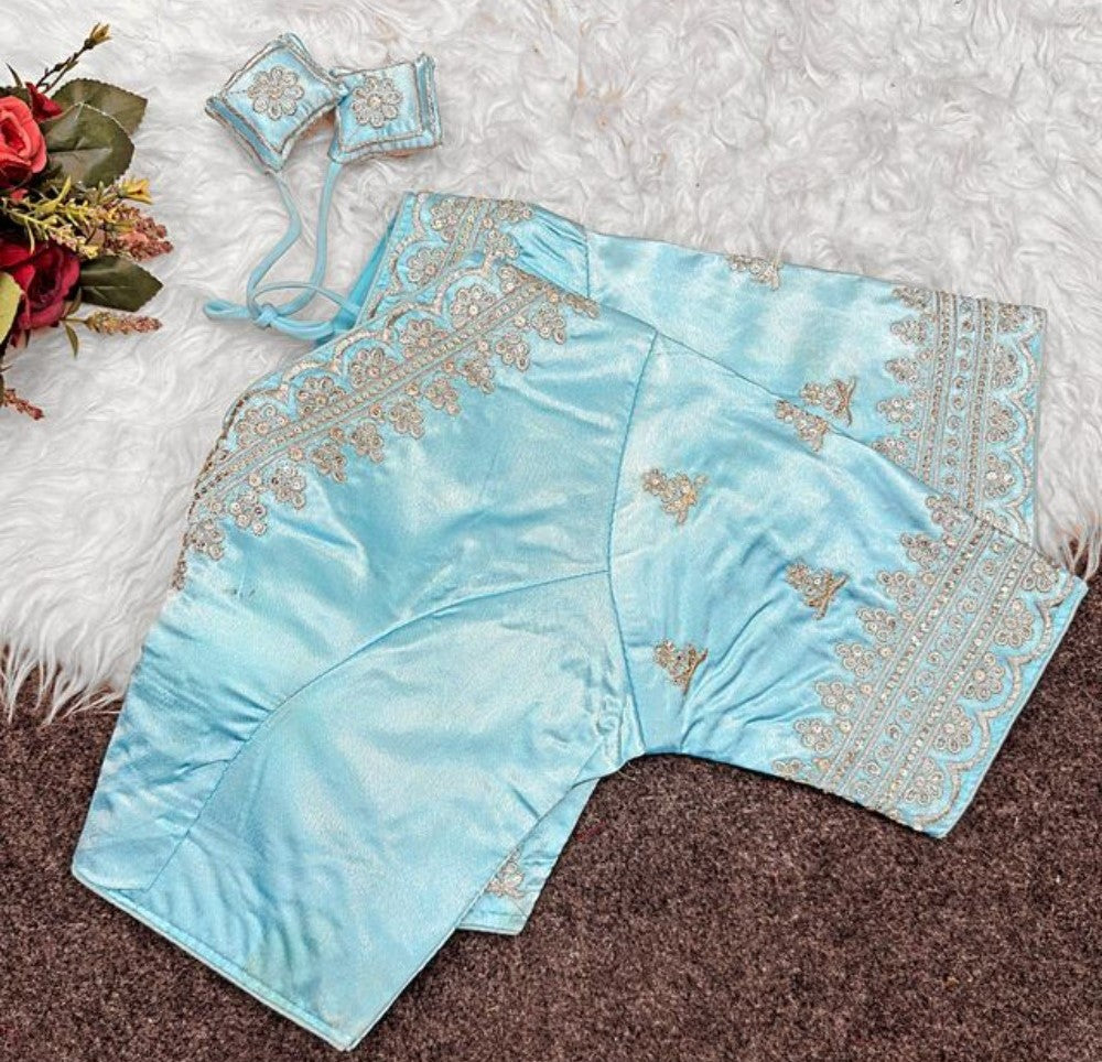 Women's Satin Embroidered Half Sleeve V-Neck Padded Readymade Blouse — Sky Blue