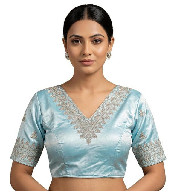 Women's Satin Embroidered Half Sleeve V-Neck Padded Readymade Blouse — Sky Blue