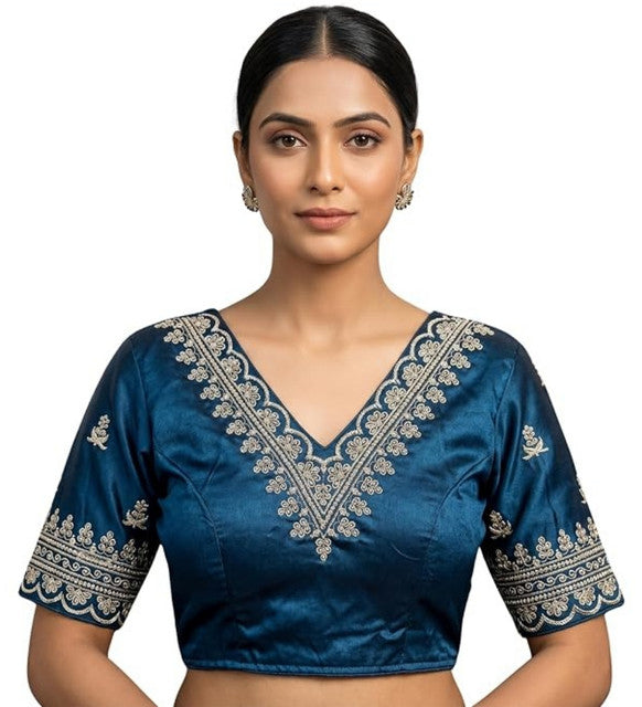 Women's Satin Embroidered Half Sleeve V-Neck Padded Readymade Blouse — Teal