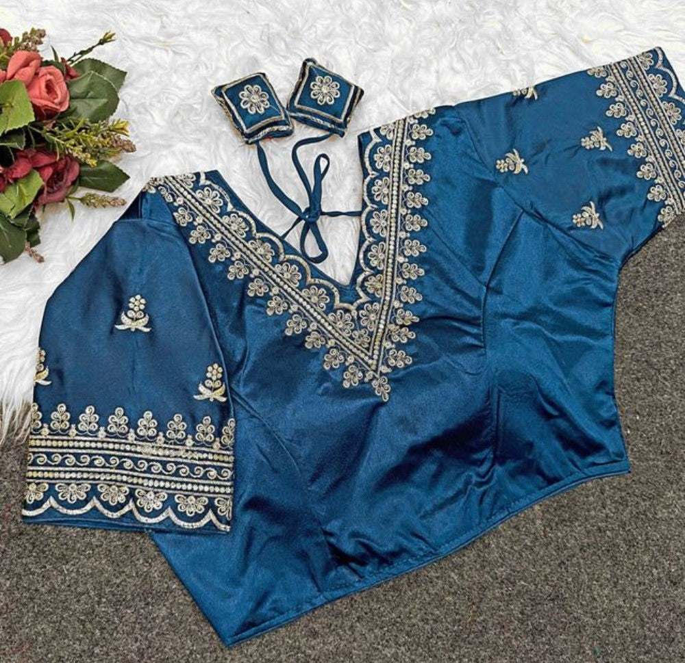 Women's Satin Embroidered Half Sleeve V-Neck Padded Readymade Blouse — Teal