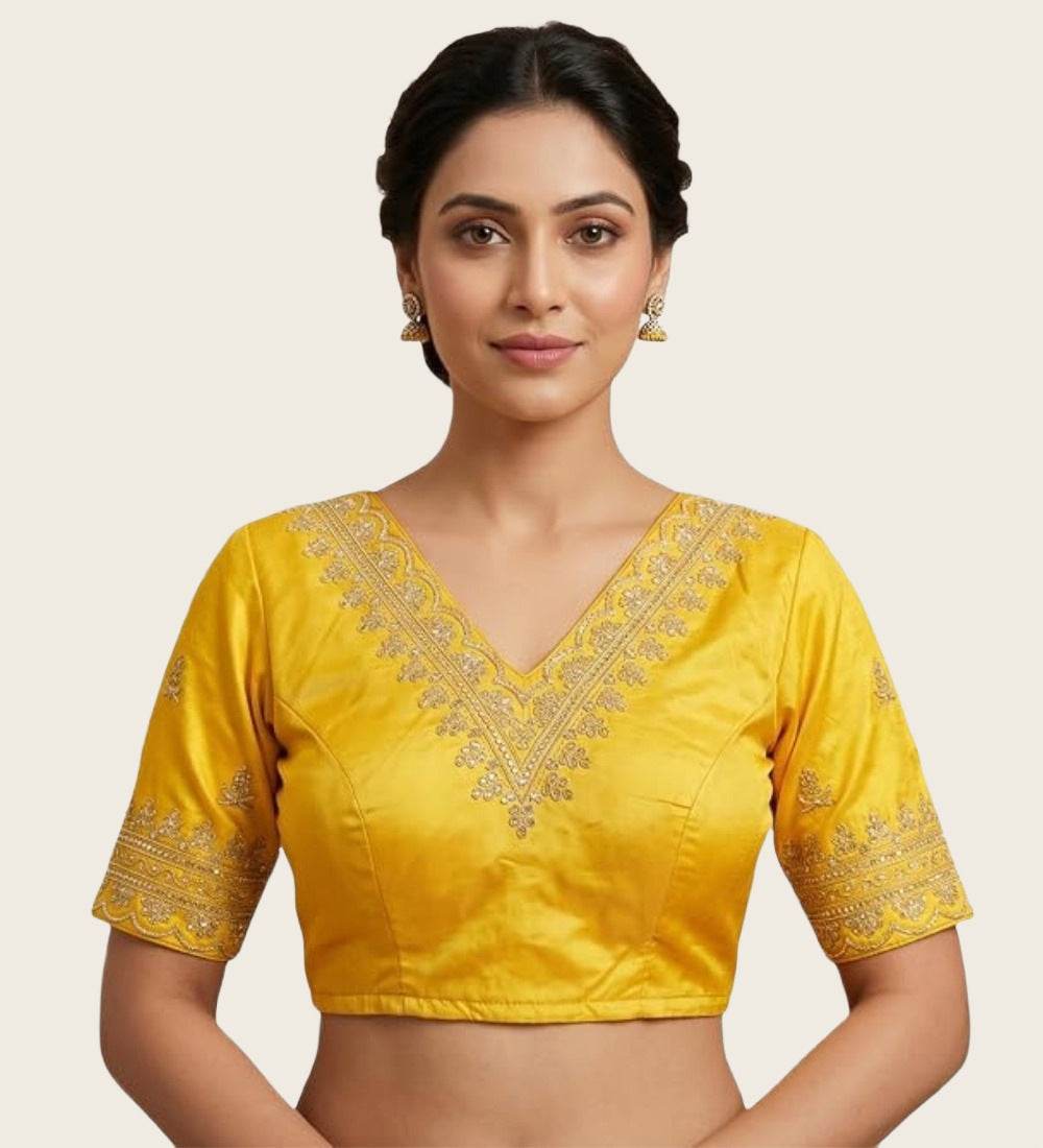Women's Satin Embroidered Half Sleeve V-Neck Padded Readymade Blouse — Yellow