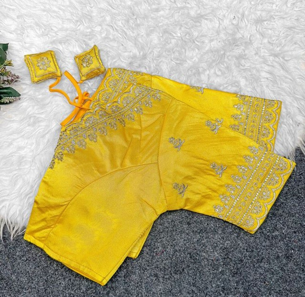 Women's Satin Embroidered Half Sleeve V-Neck Padded Readymade Blouse — Yellow