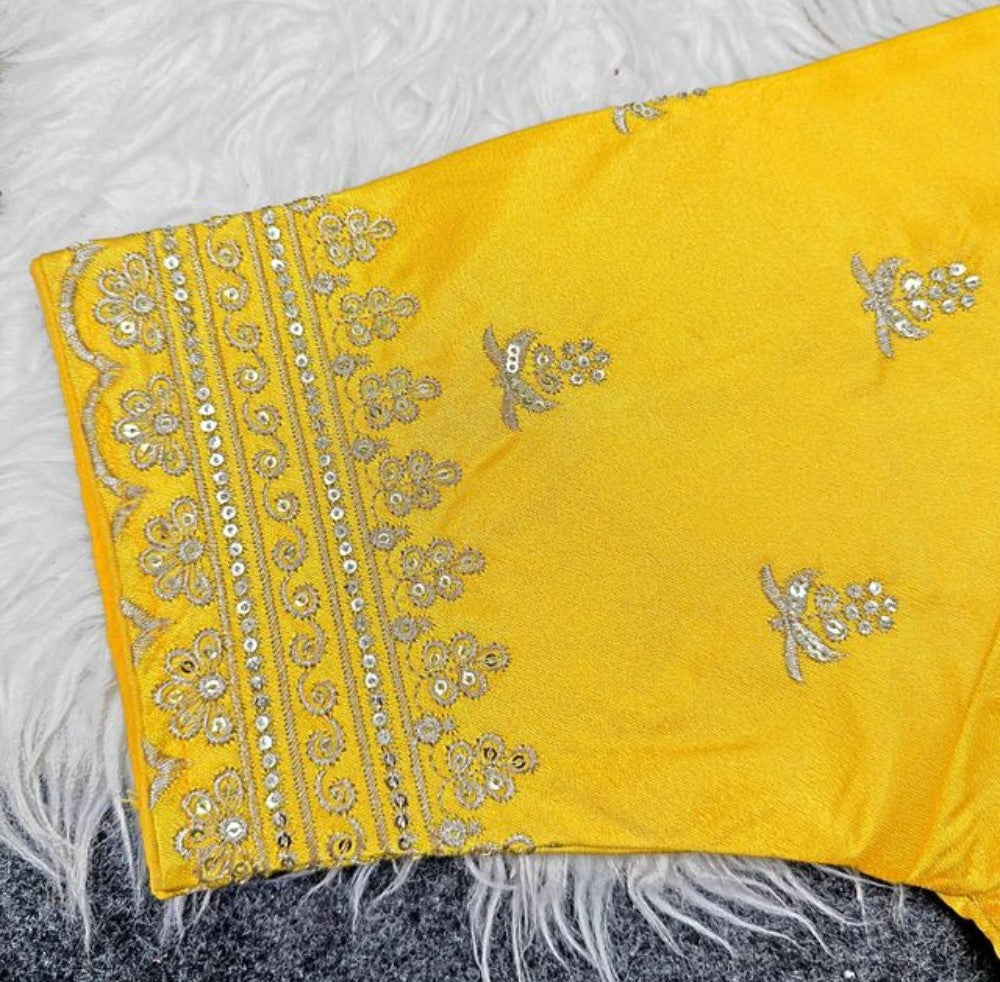 Women's Satin Embroidered Half Sleeve V-Neck Padded Readymade Blouse — Yellow